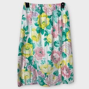 Vintage 80s Victoria Billings White Cotton Blend Rose Floral‎ Midi Skirt XXS-XS